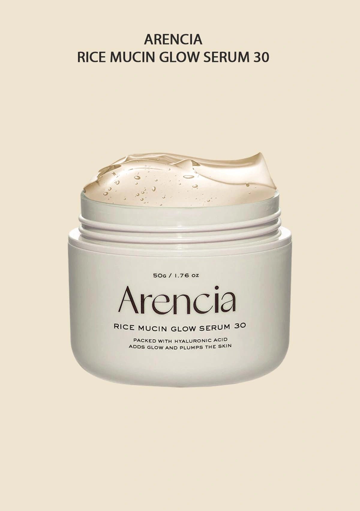 Arencia Rice Mucin Glow Serum 30 jar on a beige background