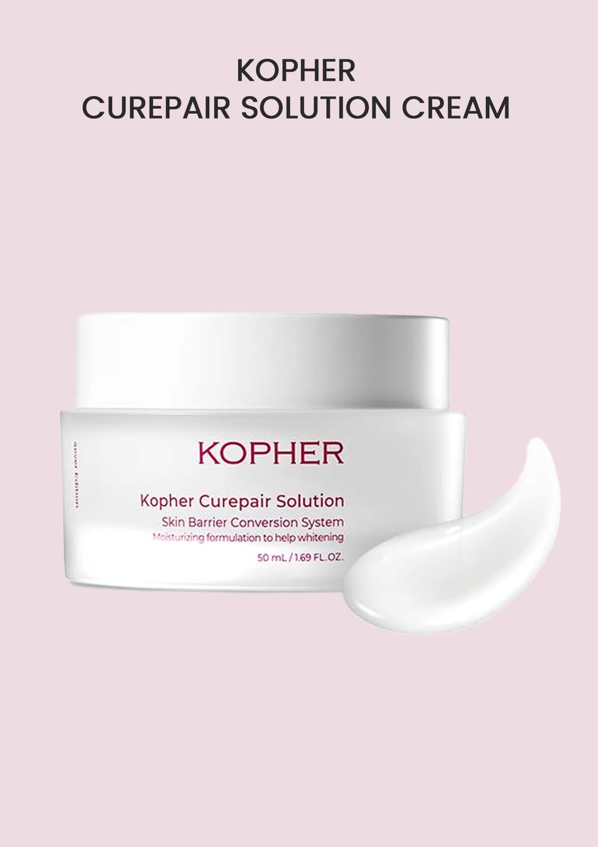 Kopher Curepair Solution Cream jar with cream smear on pink background