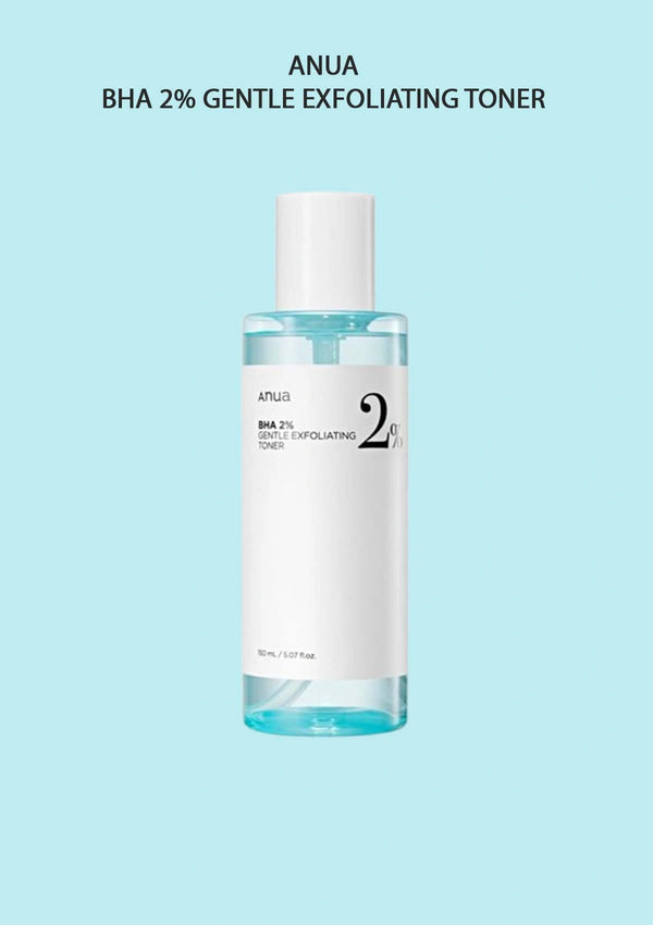 Bottle of ANUA BHA 2% Gentle Exfoliating Toner on a light blue background