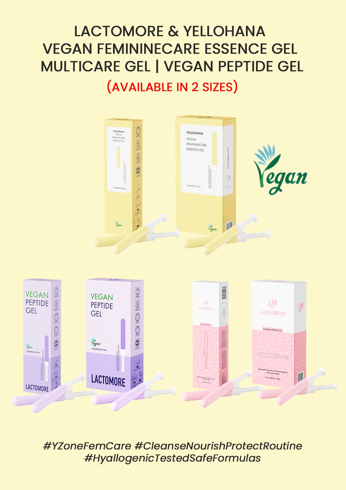 The image shows packaging of three different intimate care gels by LACTOMORE & YELLOHANA. From left to right, the gels are yellow, purple, and pink in color, corresponding to different product names and purposes.