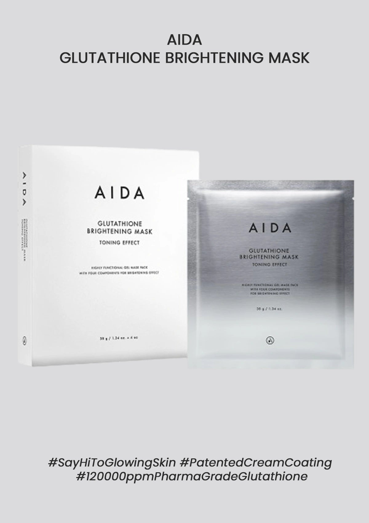 AIDA Glutathione Brightening Mask packaging on a light gray background