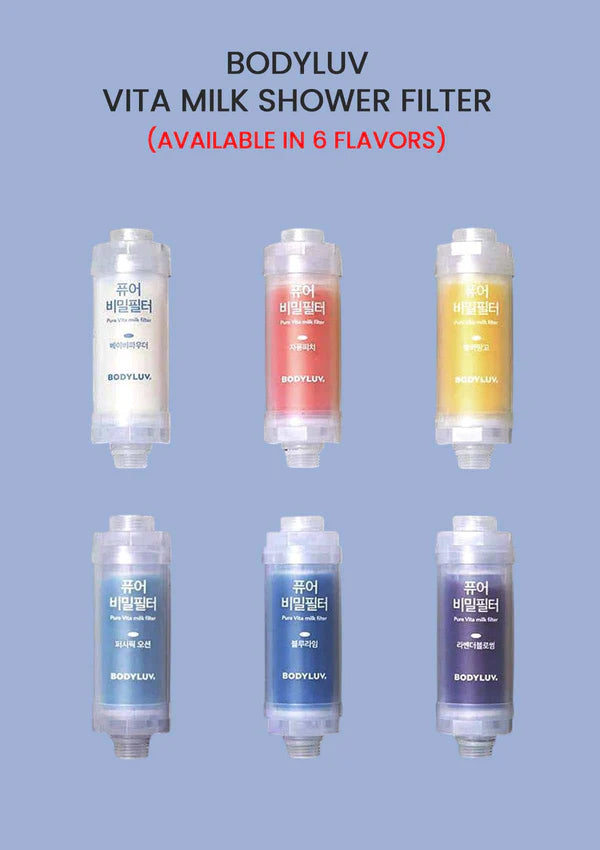 Six BODYLUV Vita Milk Shower Filters arranged in a 2x3 grid on a light periwinkle background, with text at the top reading 'BODYLUV VITA MILK SHOWER FILTER (AVAILABLE IN 6 FLAVORS)'. The filters show different liquid colors: white, coral-red, yellow, gray-blue, dark blue, and dark purple.