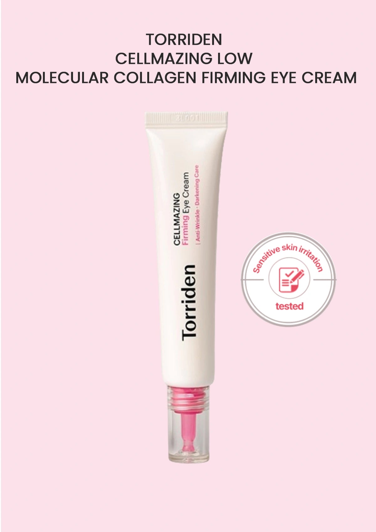 Torriden Cellmazing Low Molecular Collagen Firming Eye Cream on a pink background