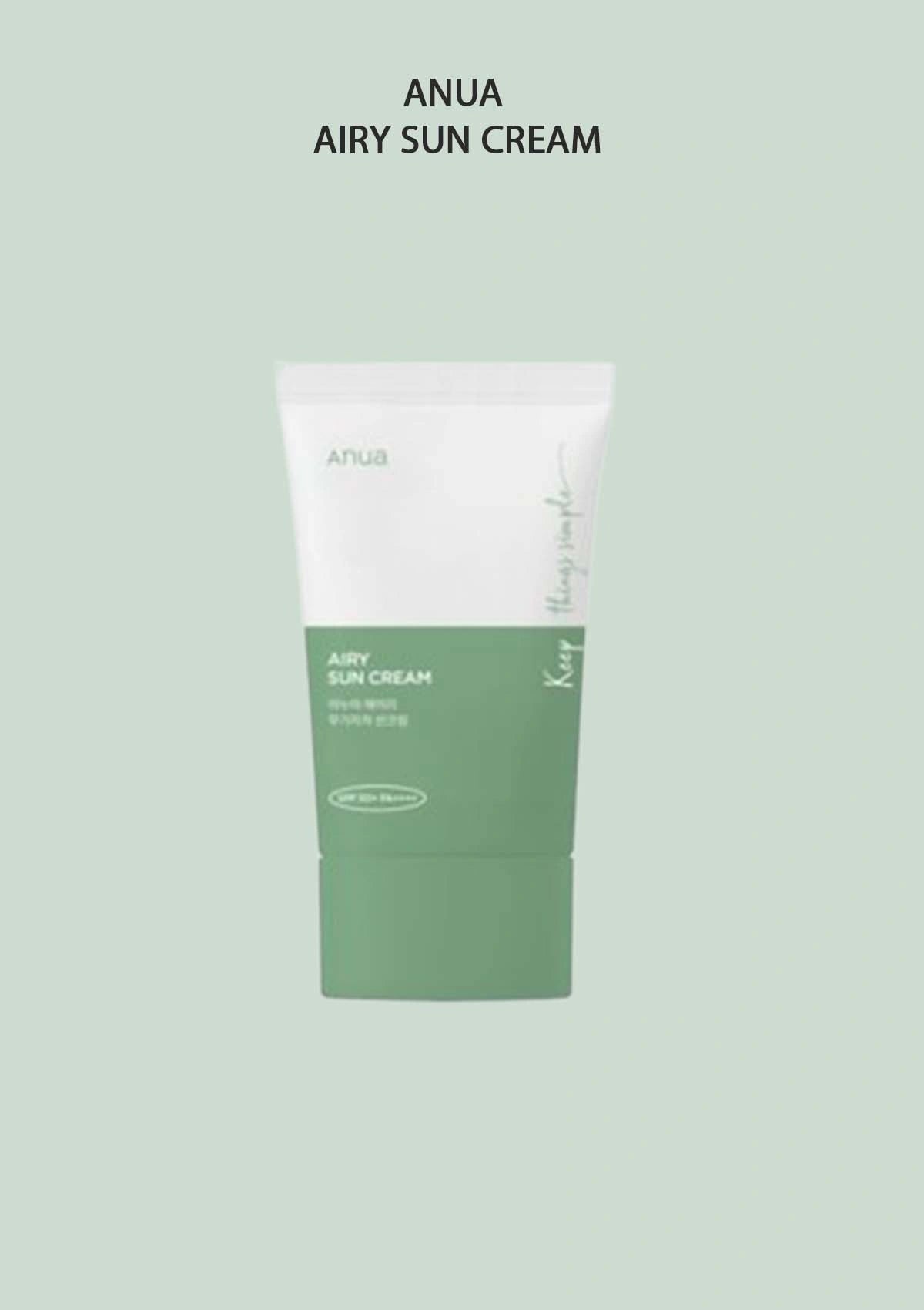 Green and white tube of ANUA Airy Sun Cream on a light green background