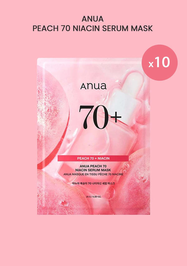 Anua Peach 70 Niacin Serum Mask packaging on a pink background