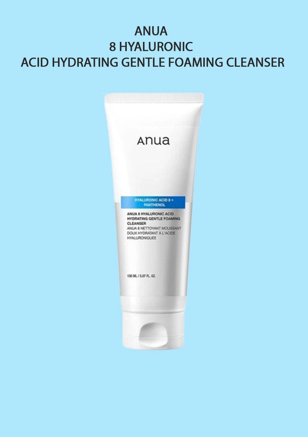 Anua 8 Hyaluronic Acid Hydrating Gentle Foaming Cleanser on a light blue background