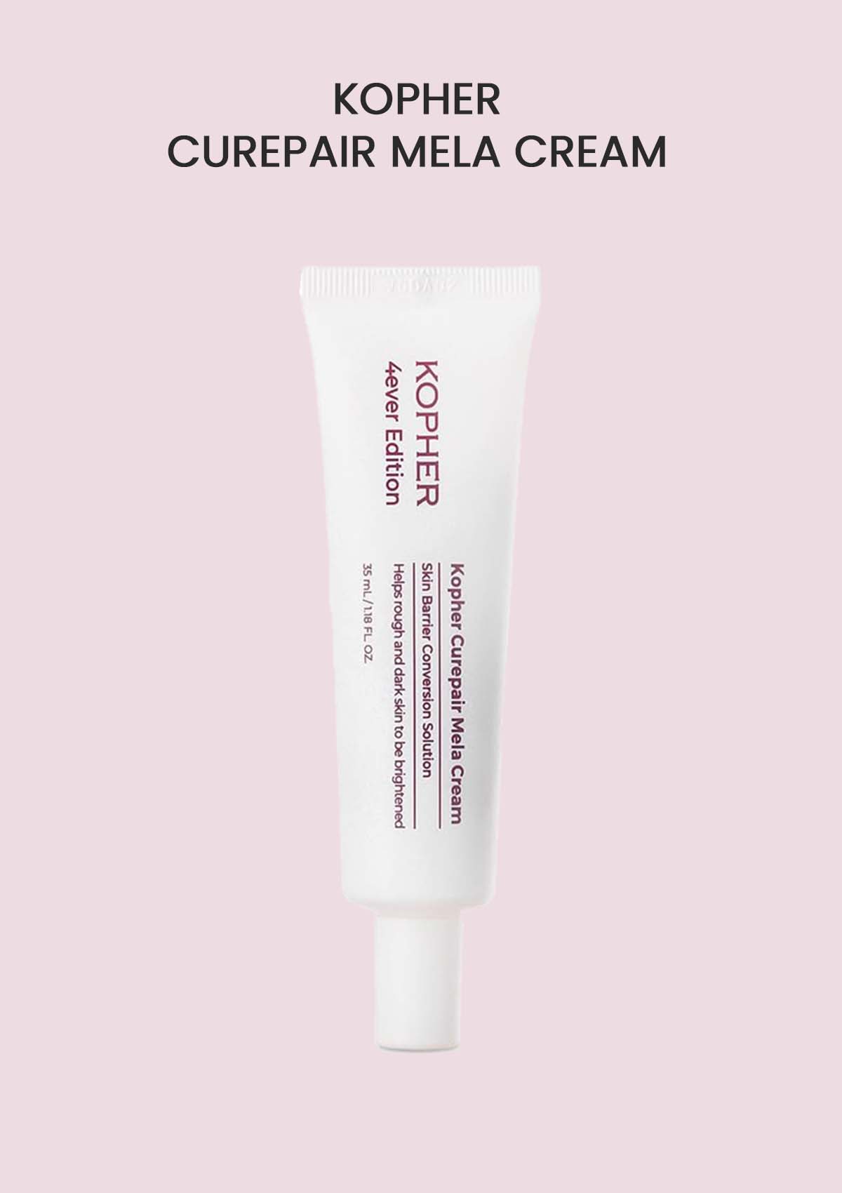 Kopher Curepair Mela Cream tube on a pink background