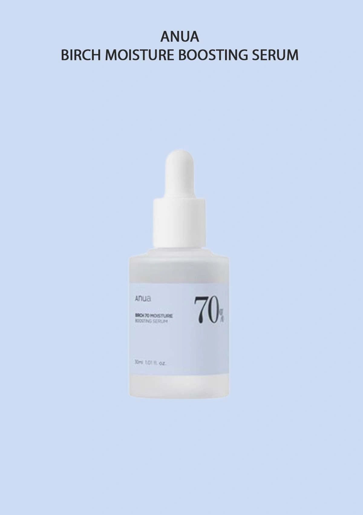 Anua Birch Moisture Boosting Serum bottle on a light blue background