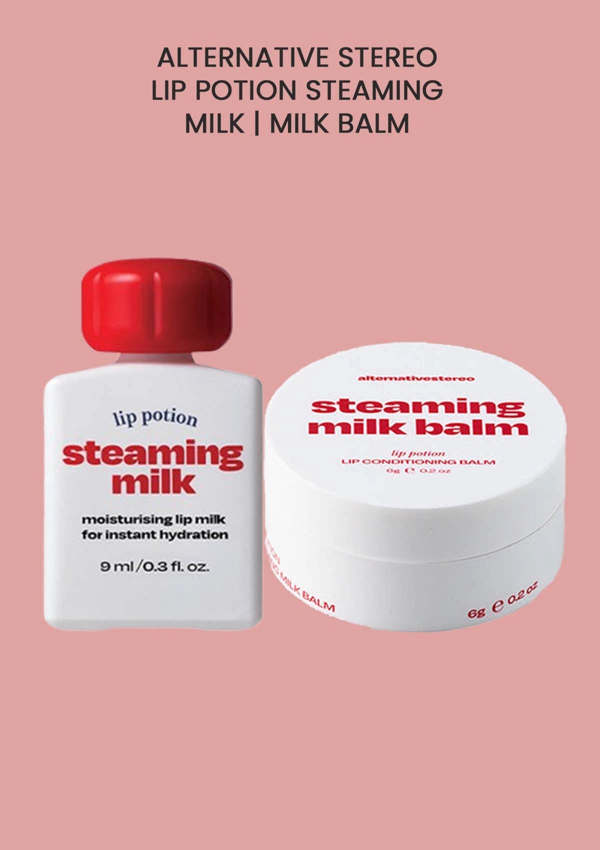 Two lip balm products with red caps on a pink background