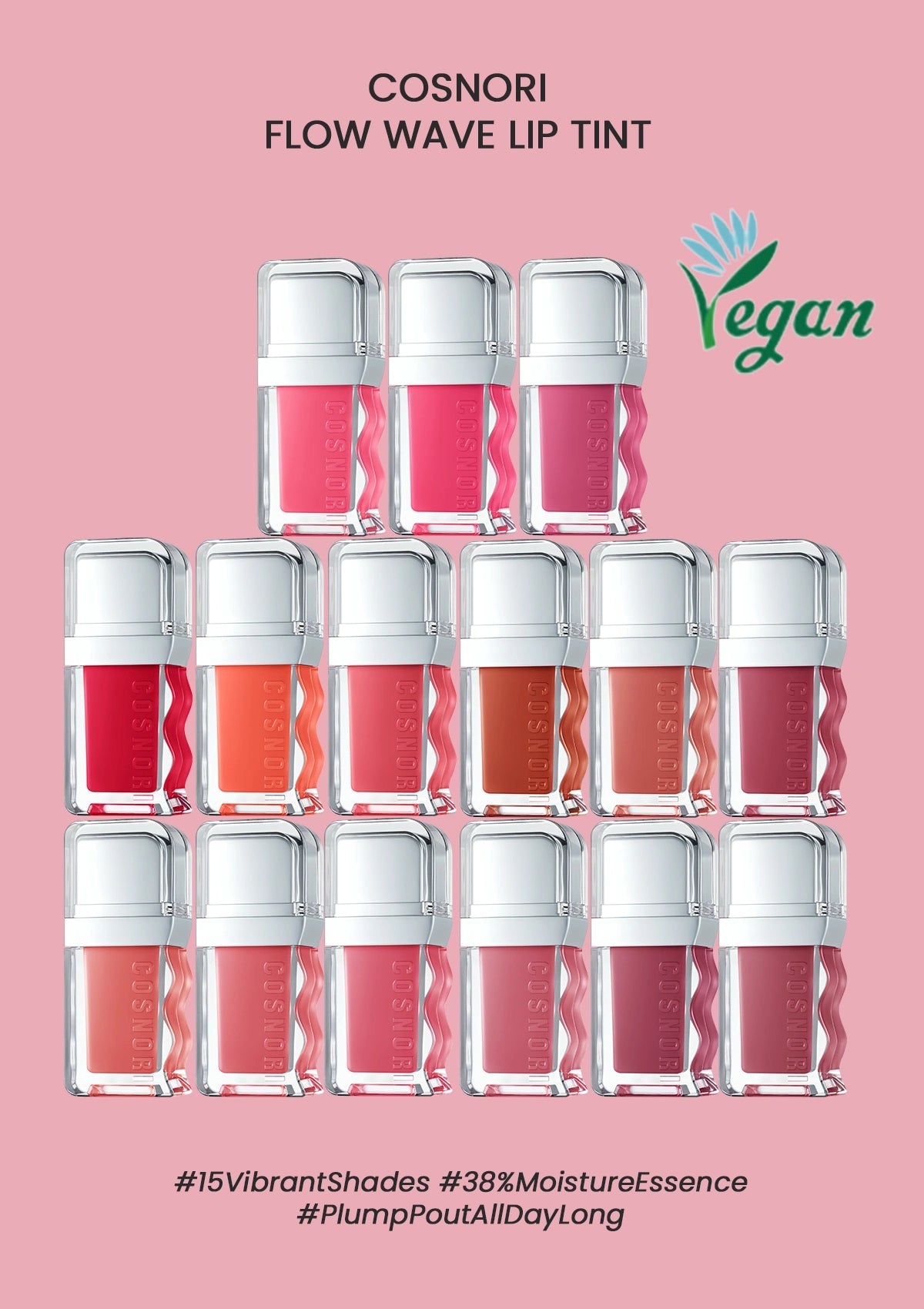 Cosnori Flow Wave Lip Tint set on a pink background with 'Vegan' label.