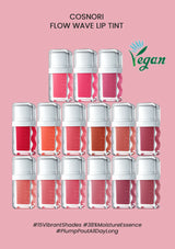 Cosnori Flow Wave Lip Tint set on a pink background with 'Vegan' label.
