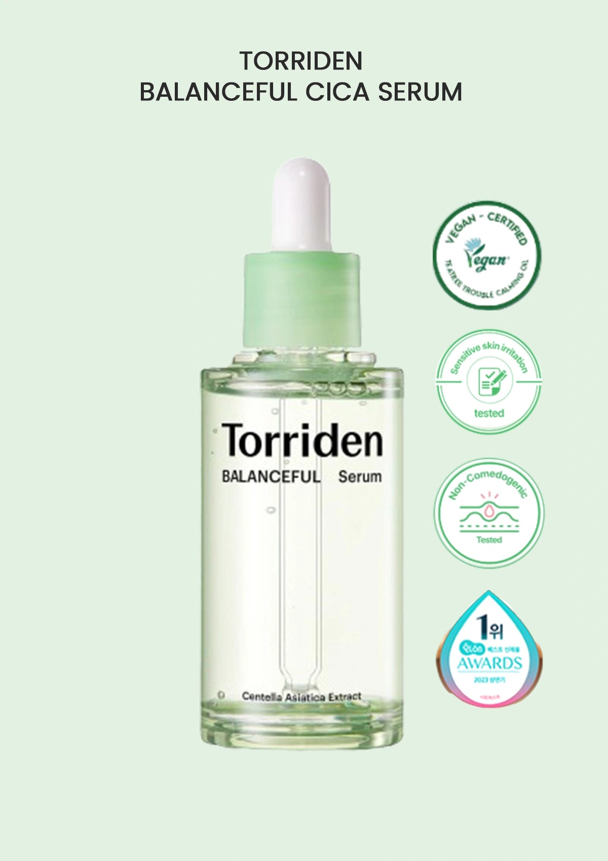 Torriden Balanceful Cica Serum bottle with branding and certification logos on a light green background
