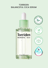 Torriden Balanceful Cica Serum bottle with branding and certification logos on a light green background