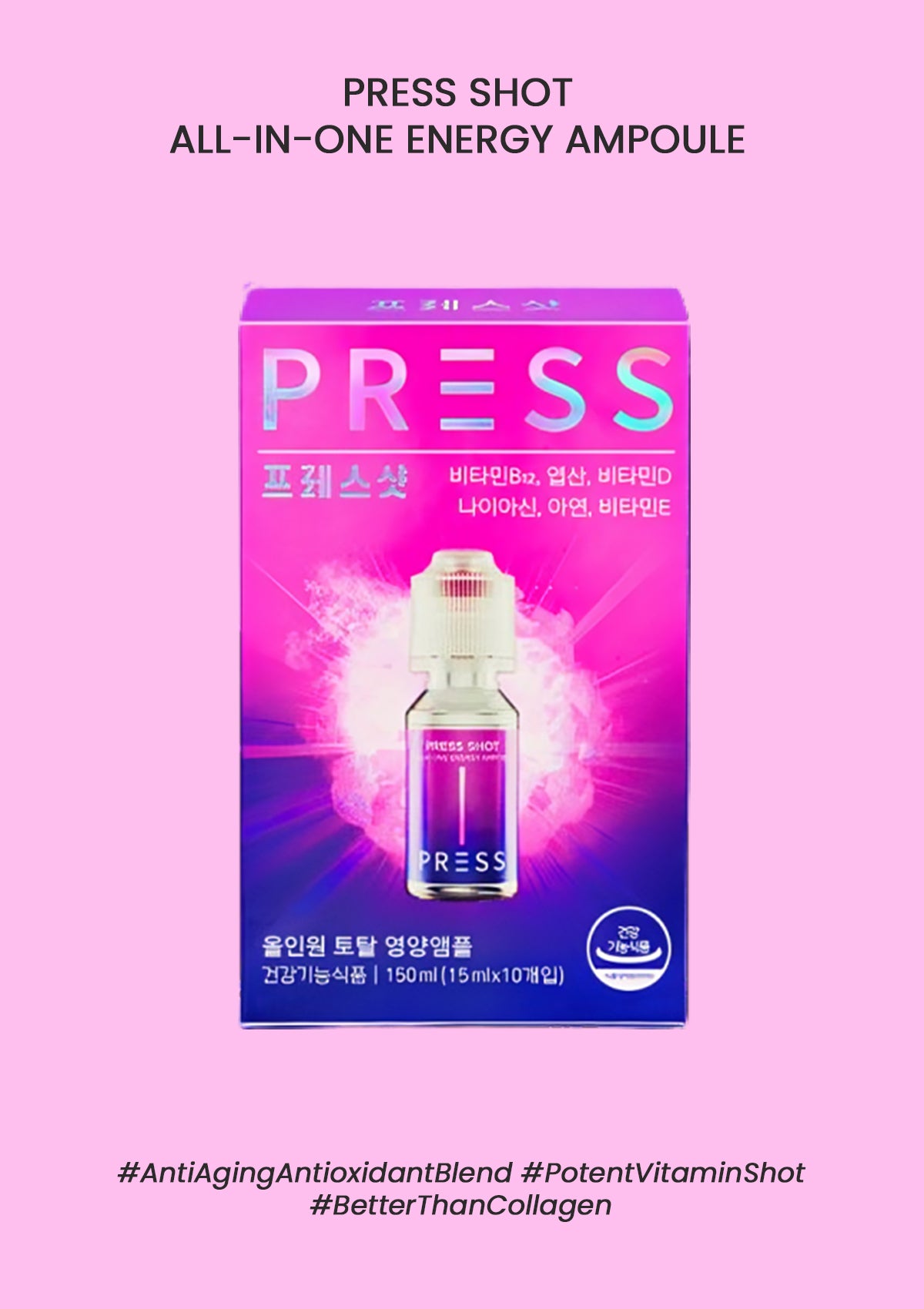 Packaging of Press Shot All-In-One Energy Ampoule with product information and branding visible.