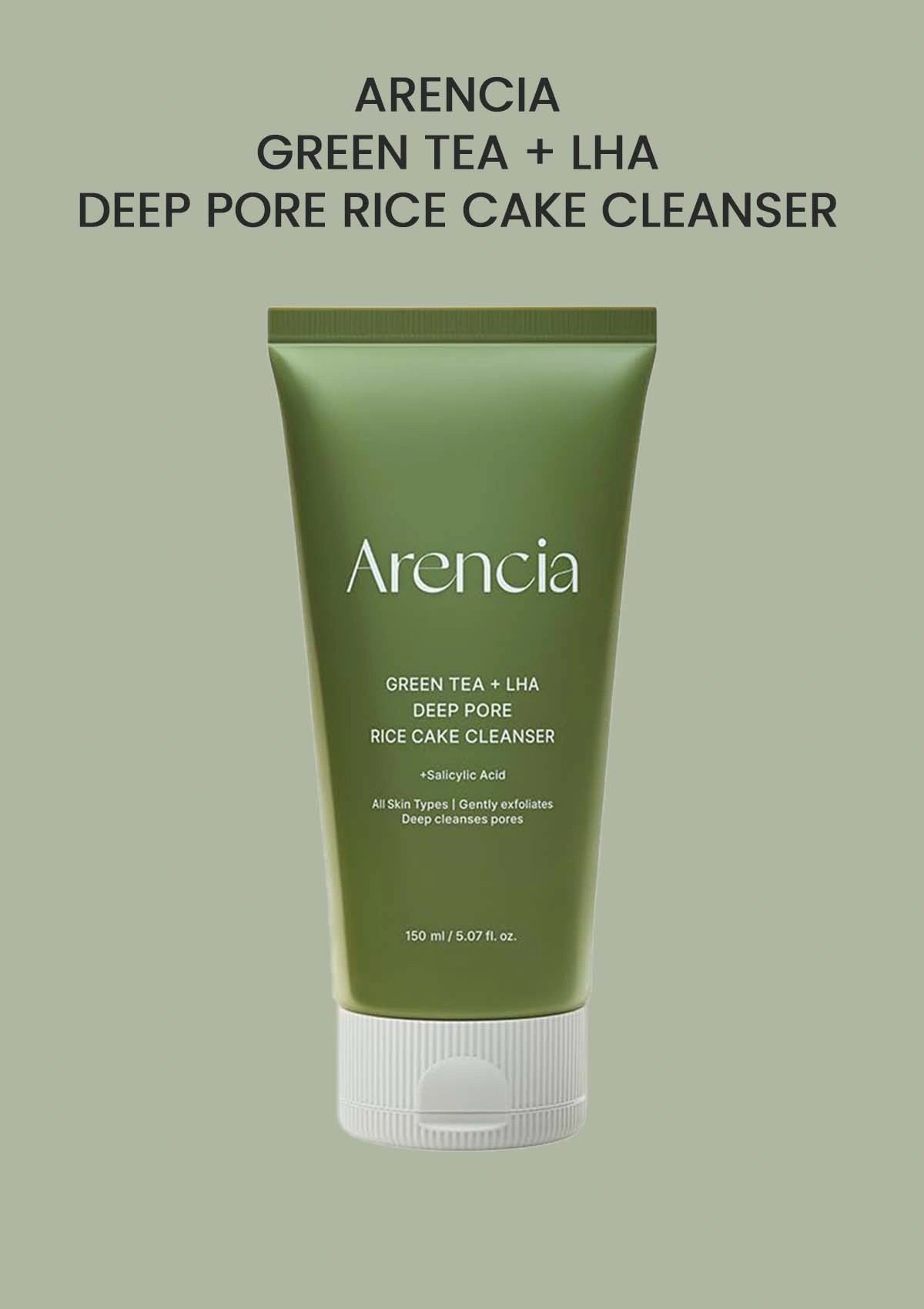 Green tube of Arencia Green Tea + LHA Deep Pore Rice Cake Cleanser on a light green background