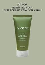 Green tube of Arencia Green Tea + LHA Deep Pore Rice Cake Cleanser on a light green background