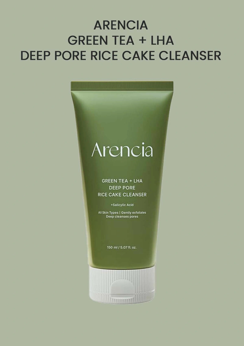 Green tube of Arencia Green Tea + LHA Deep Pore Rice Cake Cleanser on a light green background
