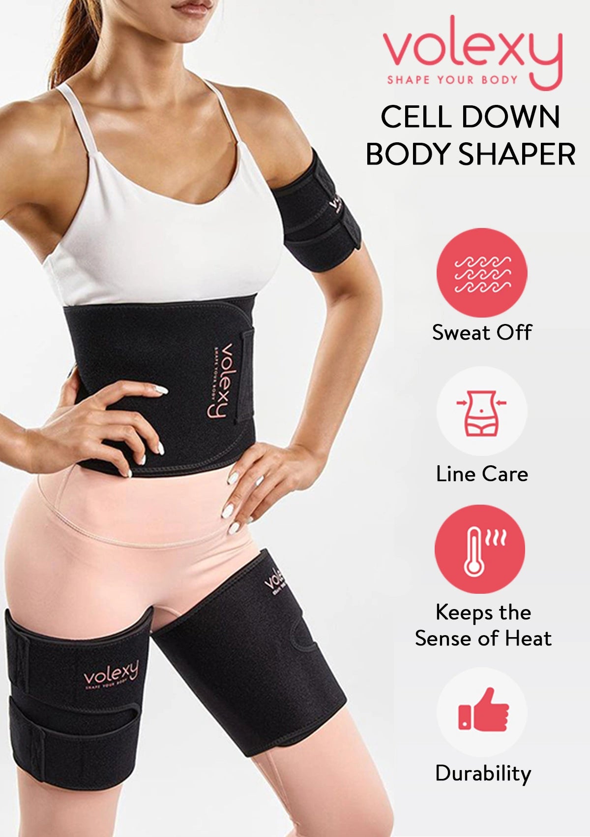 Volexy Cell Down Body Shaper worn by a model on a white background