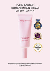 Pink sun cream tube labeled 'every routine' with certification logos on a white background