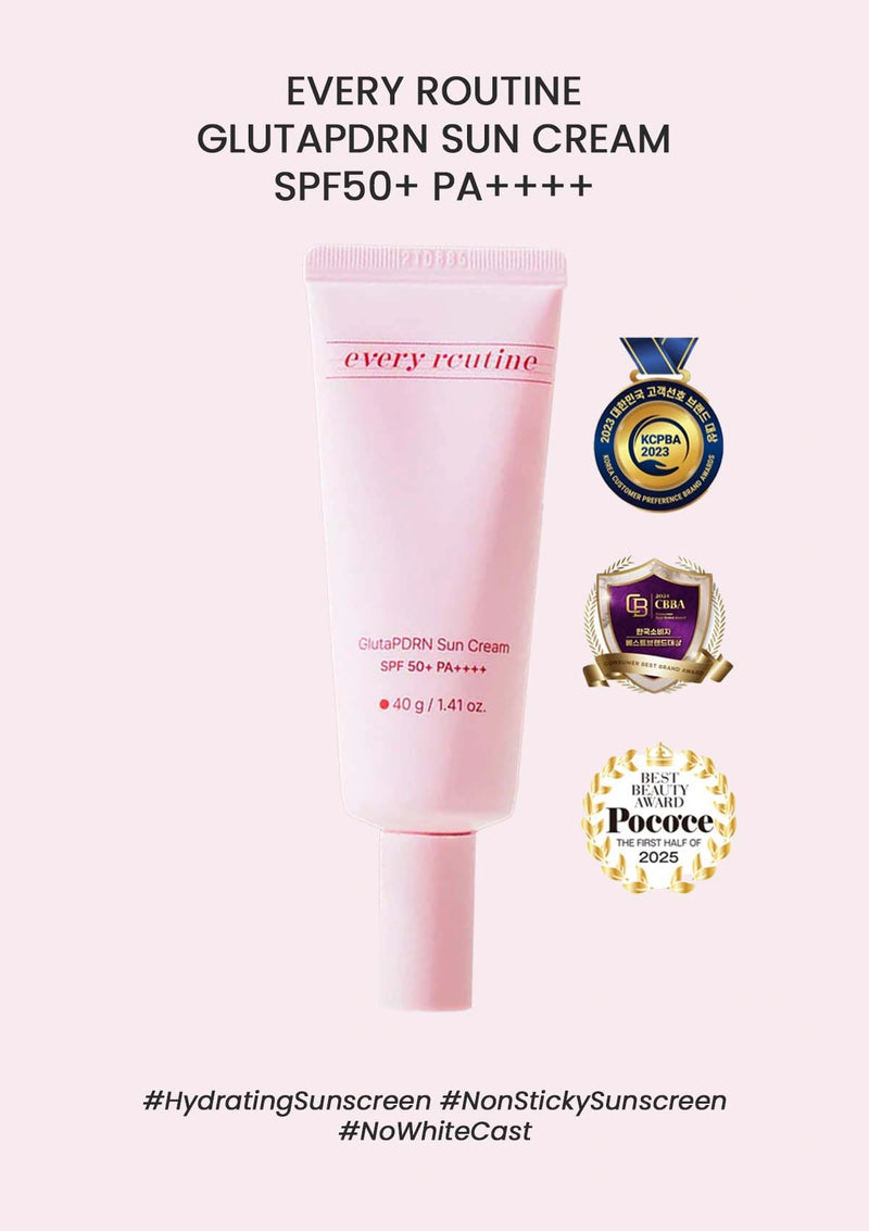 Pink sun cream tube labeled 'every routine' with certification logos on a white background