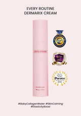 Pink bottle of Dermarix cream with awards on a white background