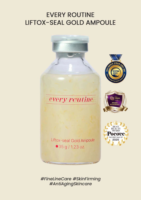 Liftox-Seal Gold Ampoule bottle with branding and product details on a beige background