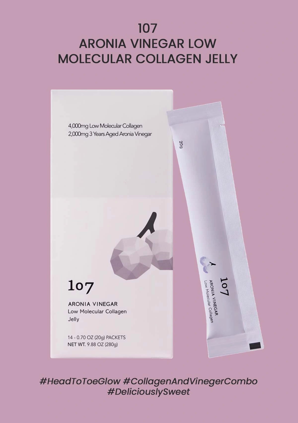 107 Aronia Vinegar Low Molecular Collagen Jelly packaging and jelly stick on a pink background