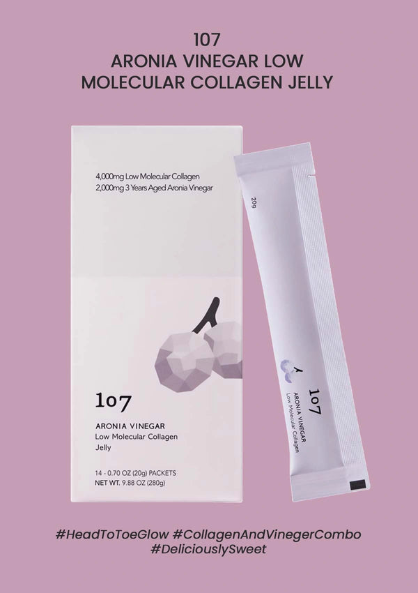 107 Aronia Vinegar Low Molecular Collagen Jelly packaging and jelly stick on a pink background