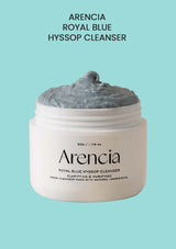 Arencia Royal Blue Hyssop Cleanser jar on a light blue background
