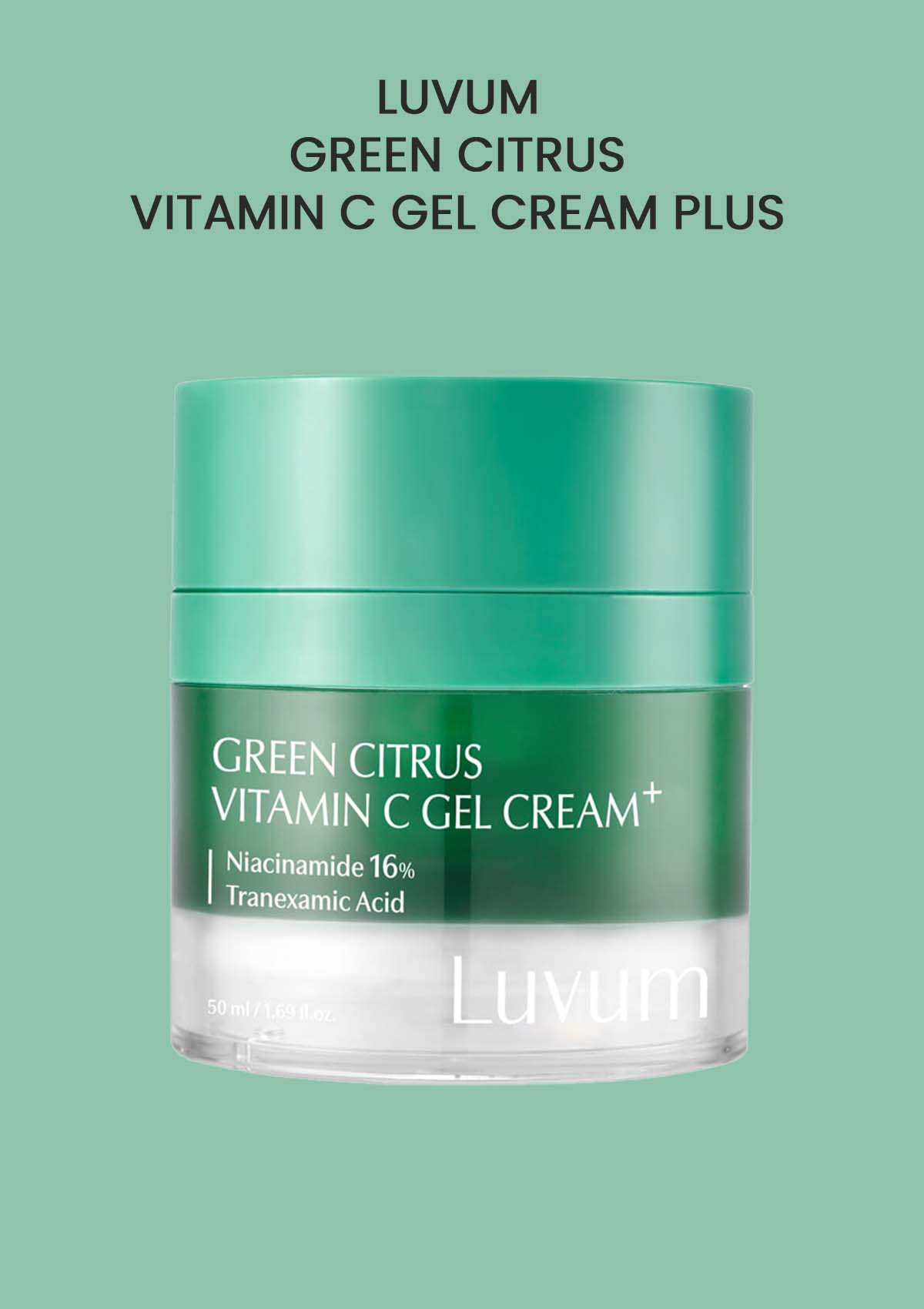 Green Citrus Vitamin C Gel Cream Plus jar with LUVUM branding on a green background