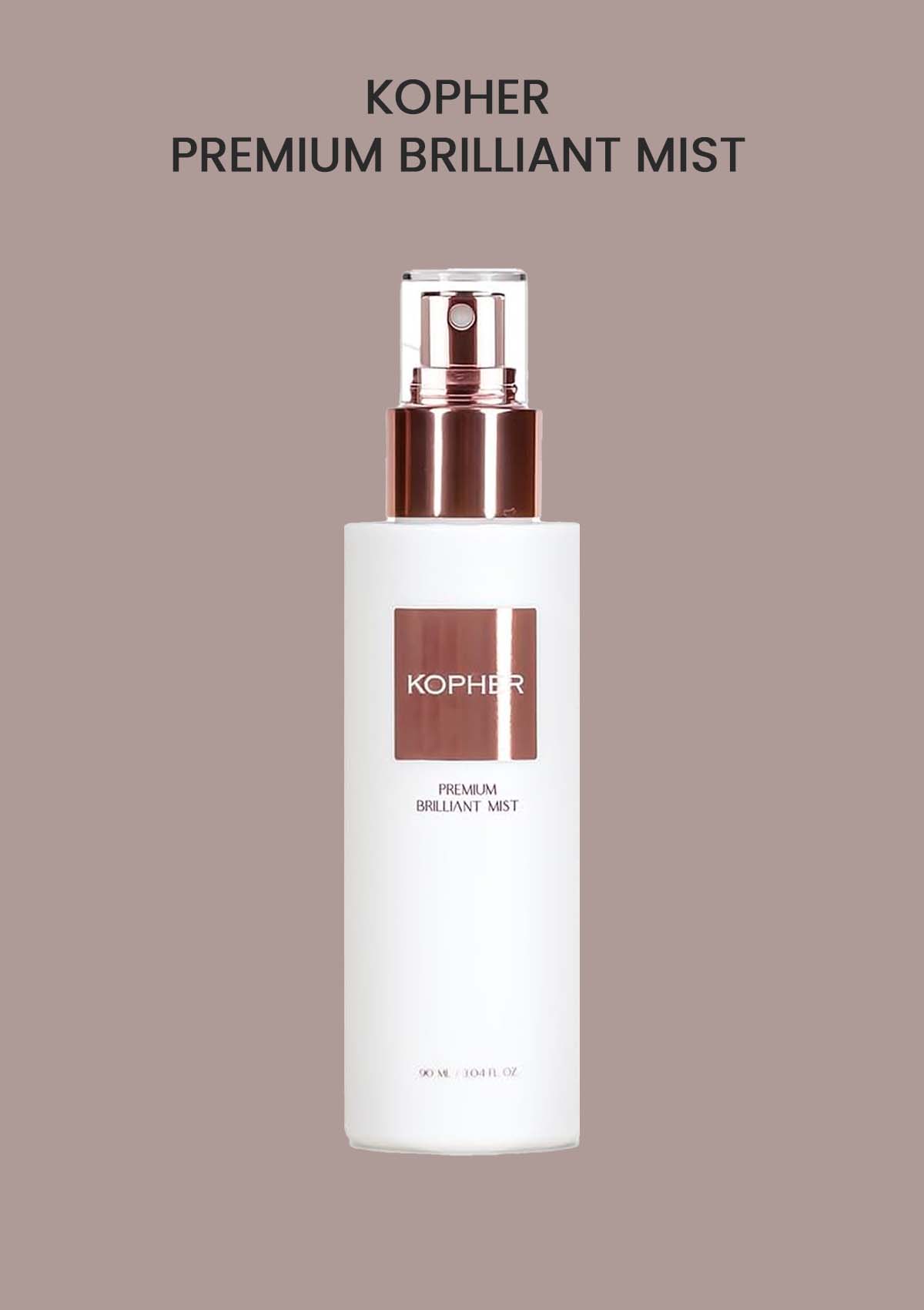 Kopher Premium Brilliant Mist bottle on a beige background