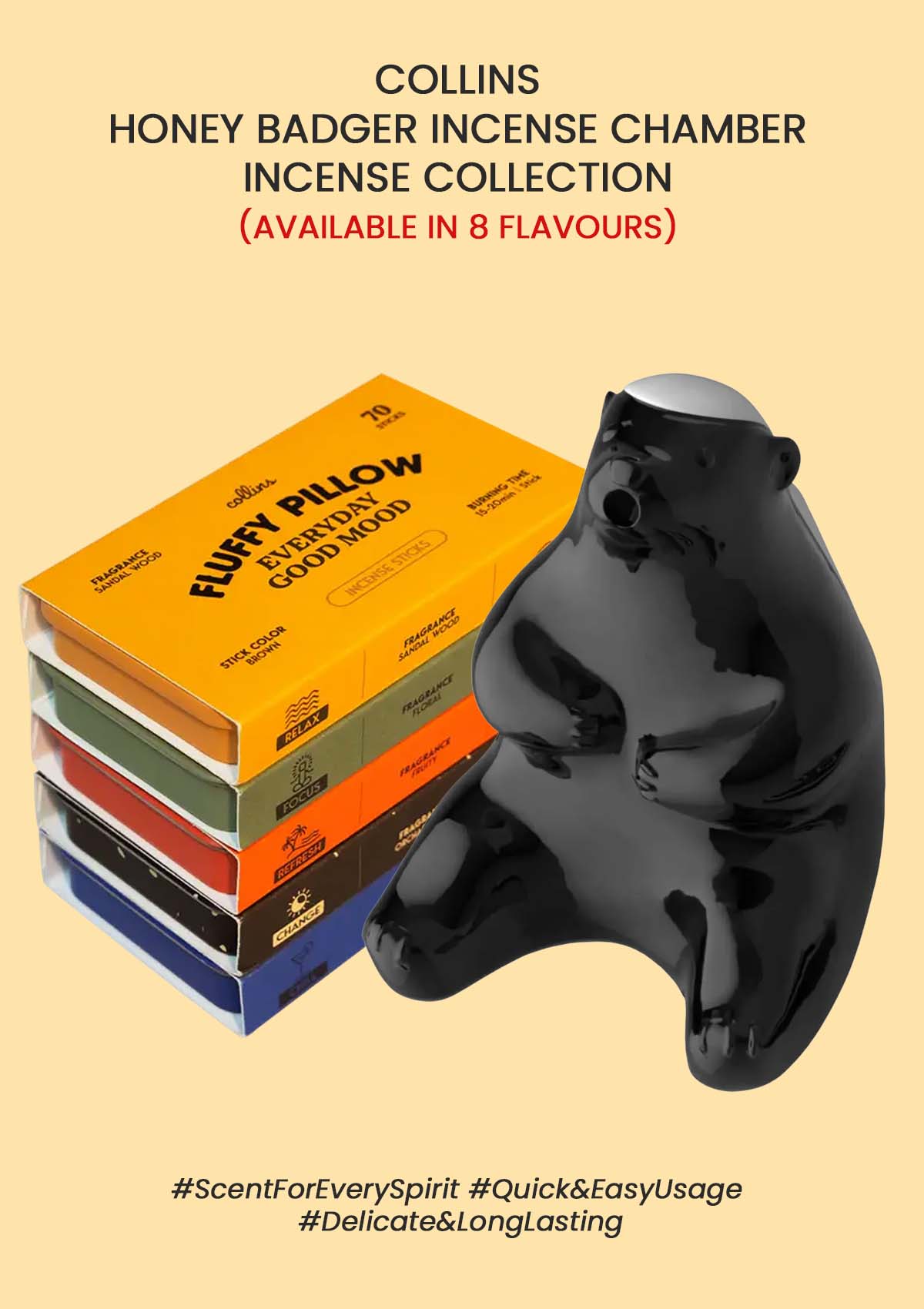A promotional image featuring the Collins Honey Badger Incense Chamber with various incense boxes in the background.