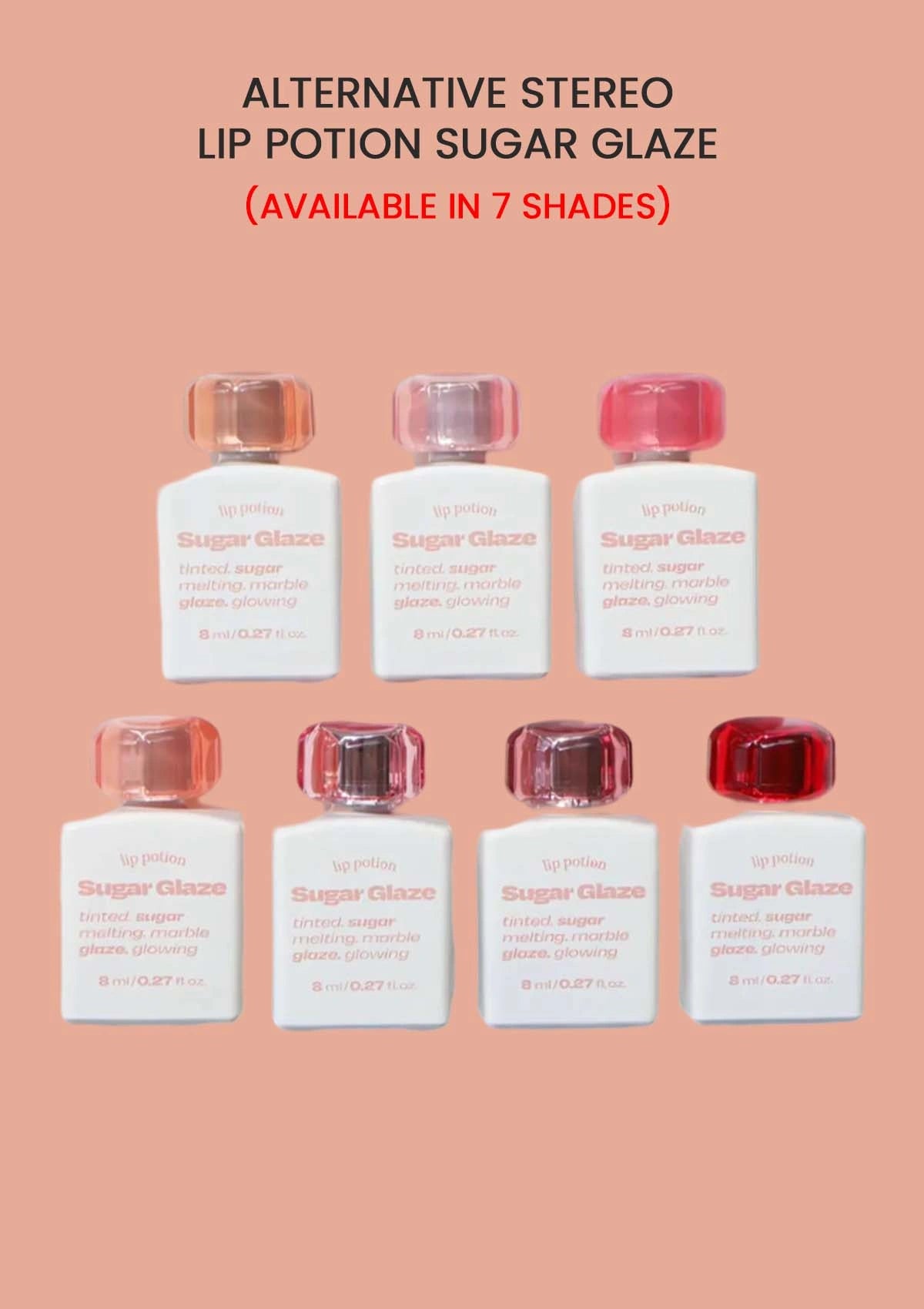 Set of lip potion bottles labeled 'Sugar Glaze' on a peach background