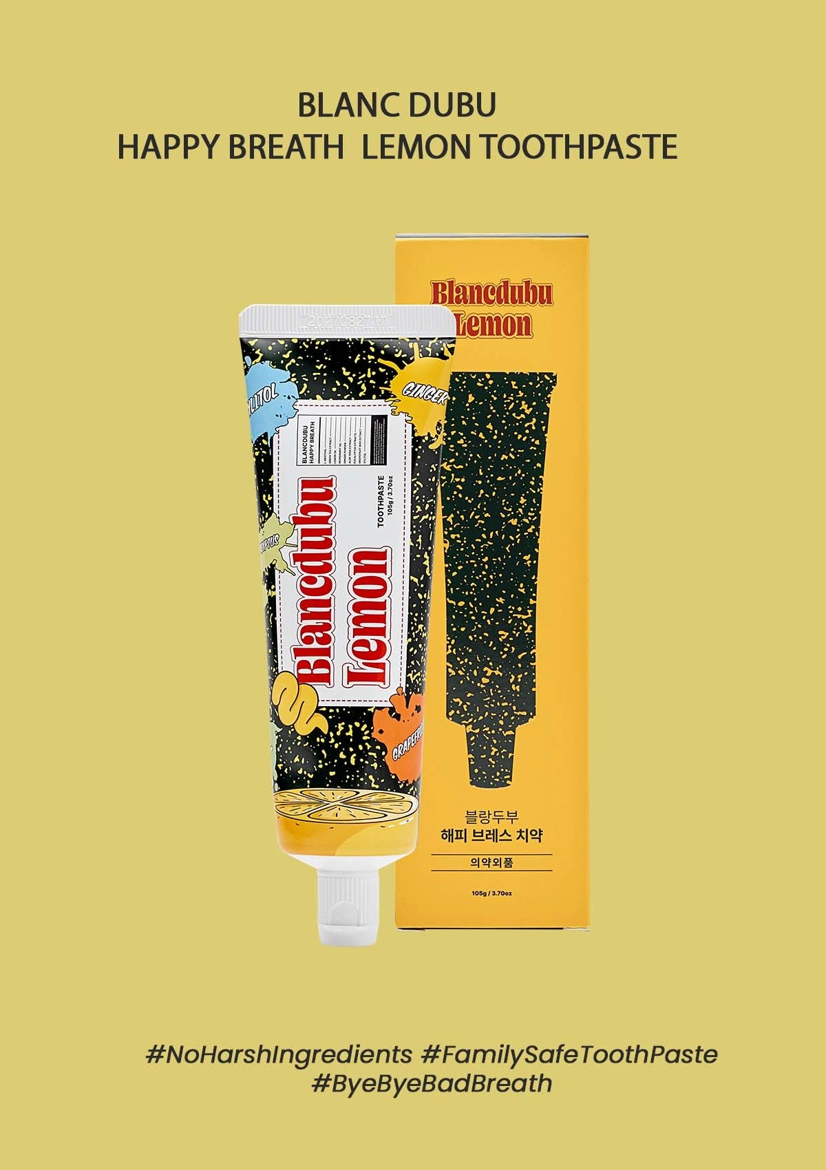 Blanc Dubu Lemon toothpaste packaging on a yellow background