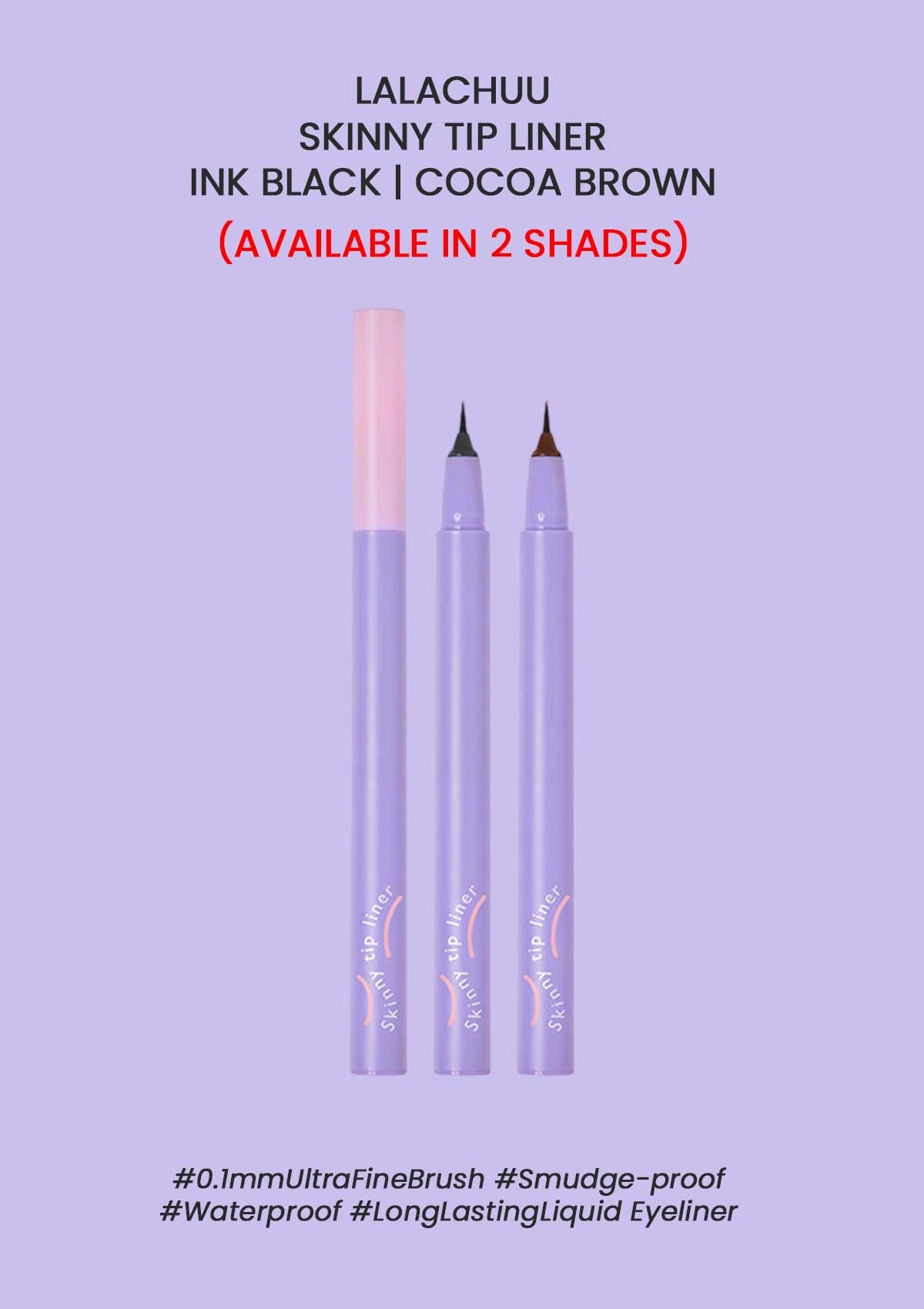 Lalachuu skinny tip liner with ink black and cocoa brown on a purple background