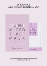 Be'Balance Azulene Microfiber Mask packaging on a light purple background