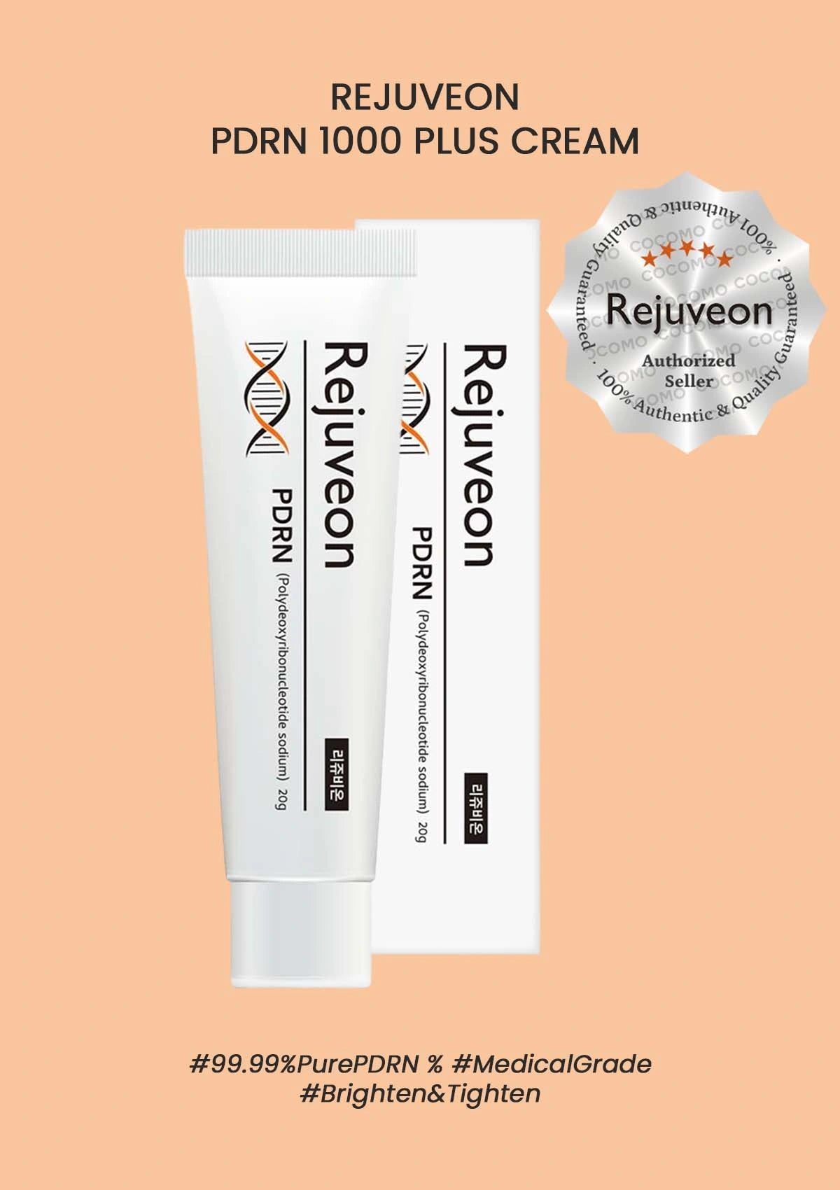 Two tubes of Rejuveon PDRN 1000 Plus Cream on a peach background with brand logo and text.