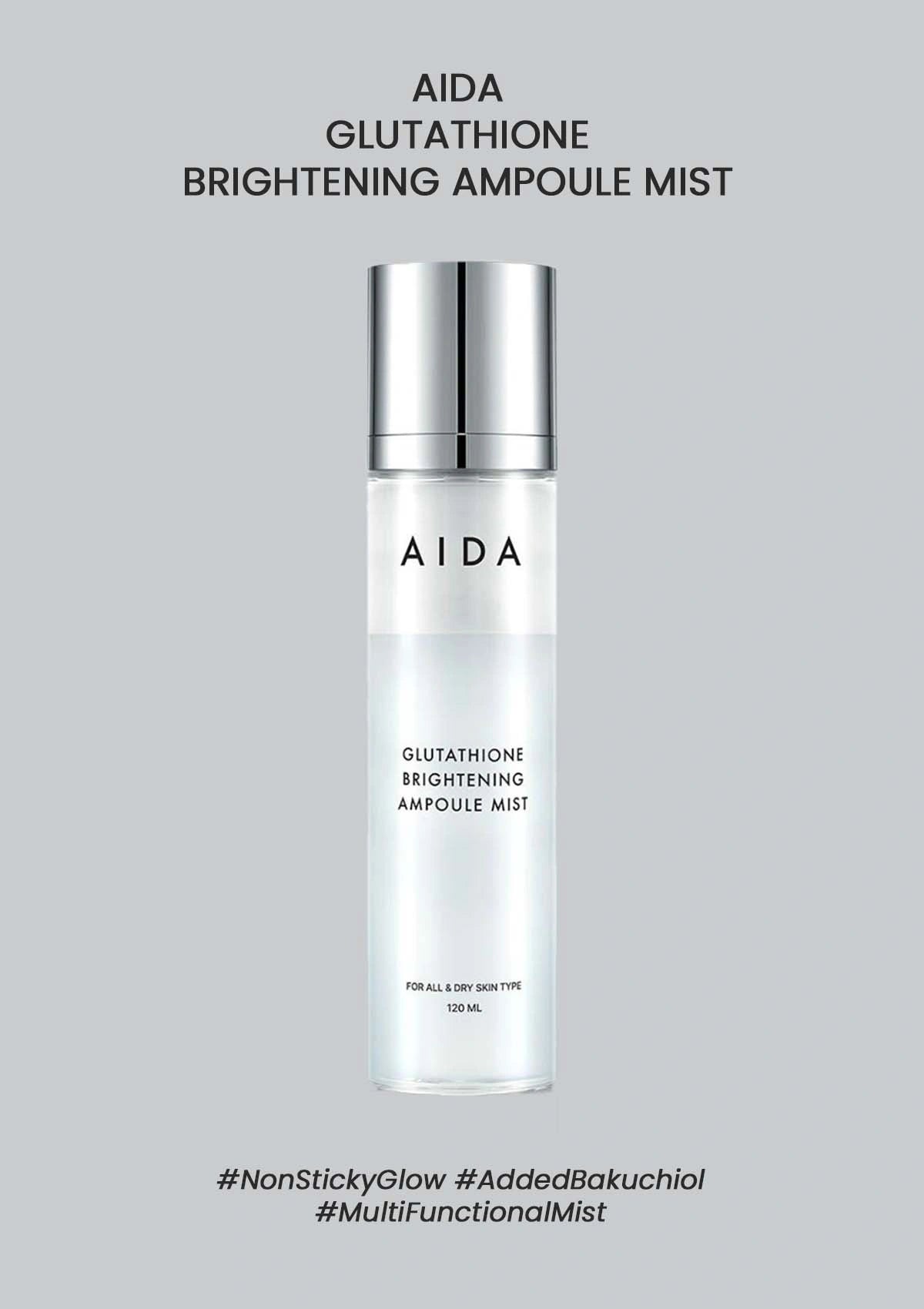 AIDA Glutathione Brightening Ampoule Mist bottle on a gray background