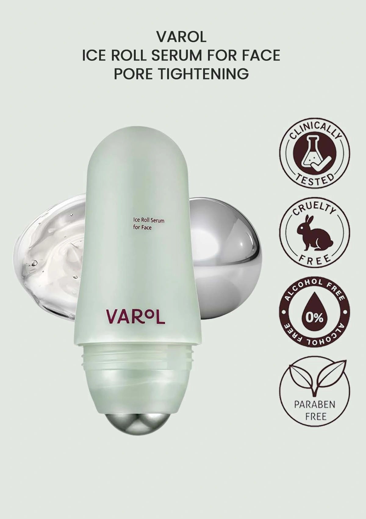Varol ice roll serum for face with product and feature icons on a light gray background