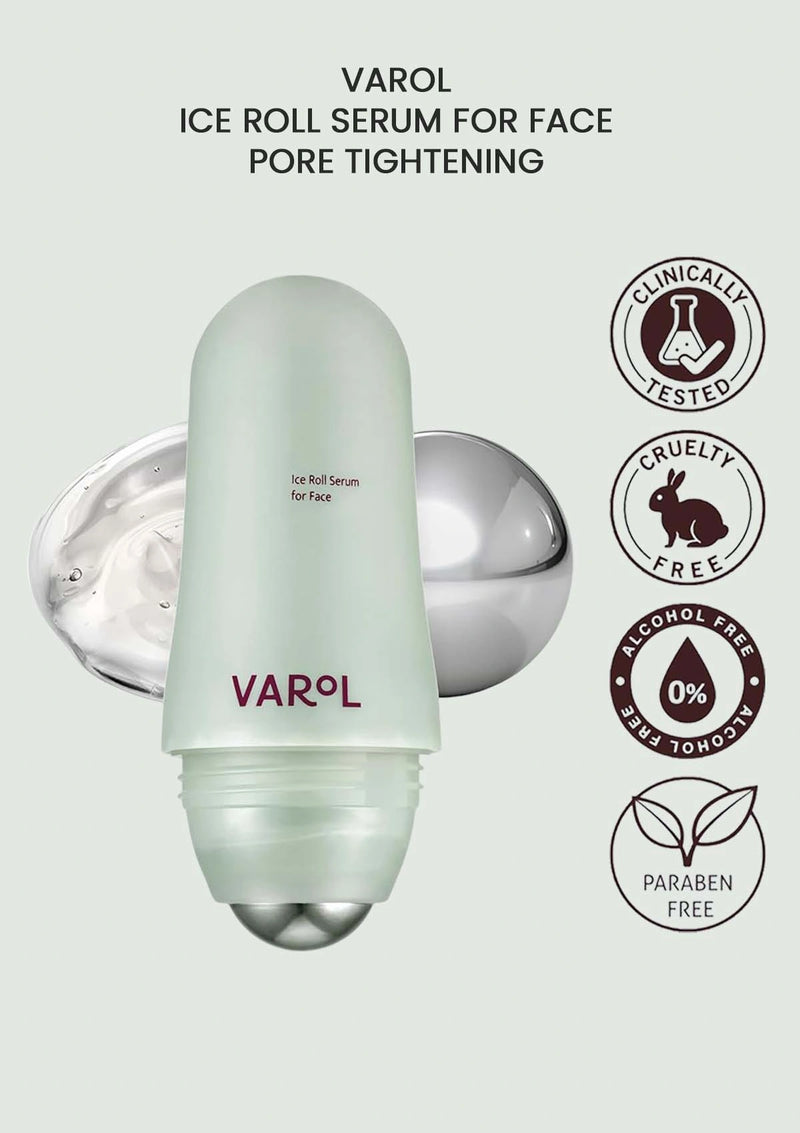 Varol ice roll serum for face with product and feature icons on a light gray background