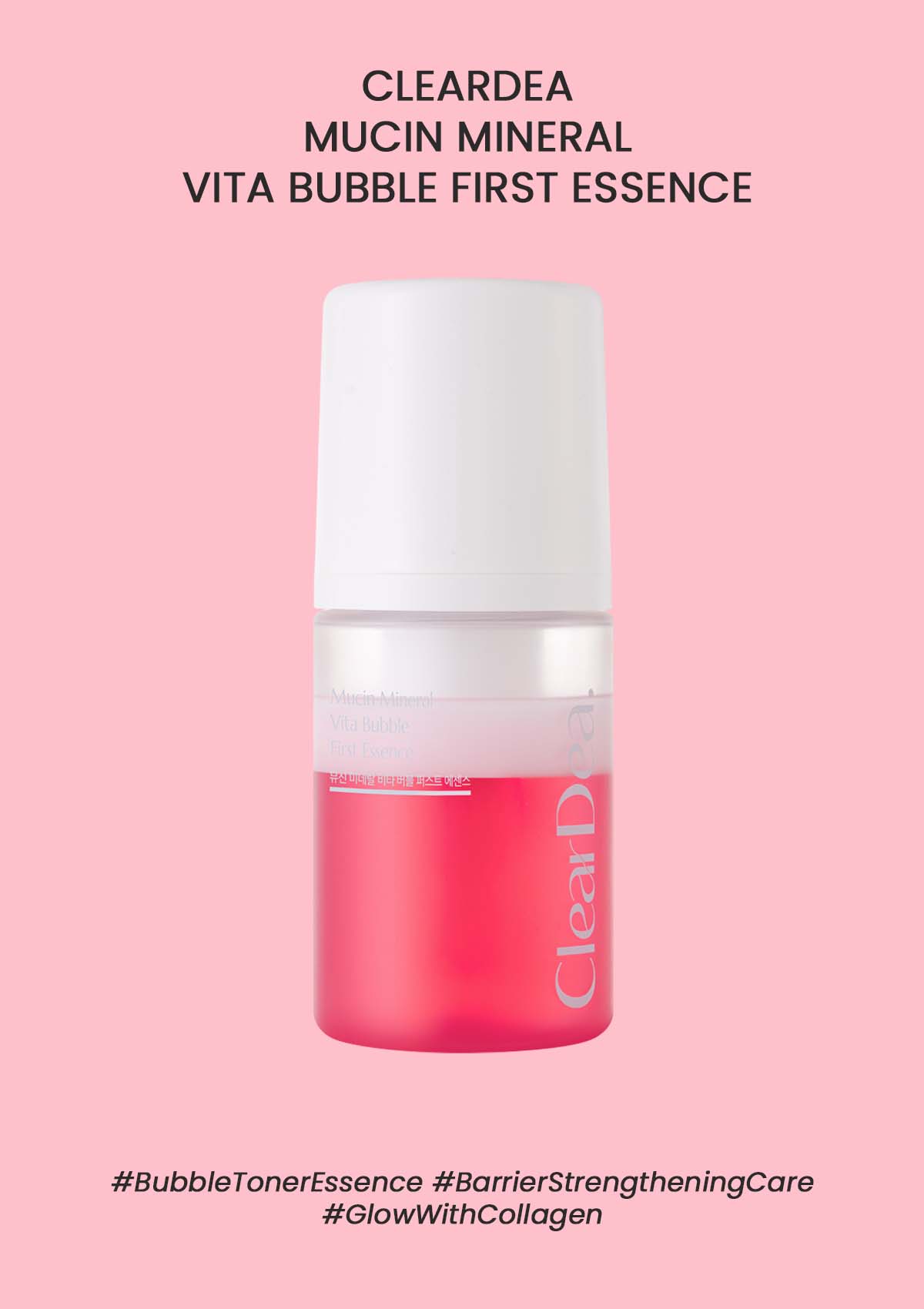 Cleardea Mucin Mineral Vita Bubble First Essence bottle on a pink background