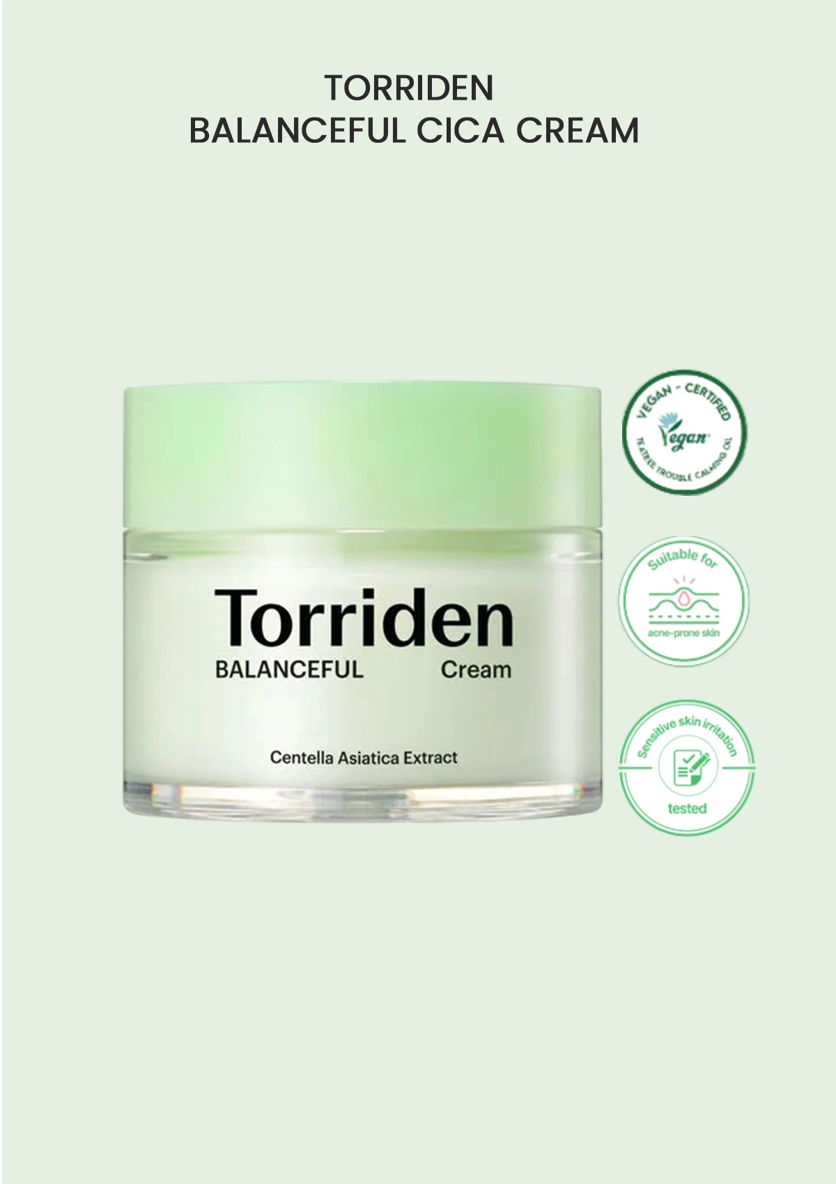 Torriden Balanceful Cica Cream jar on a light green background