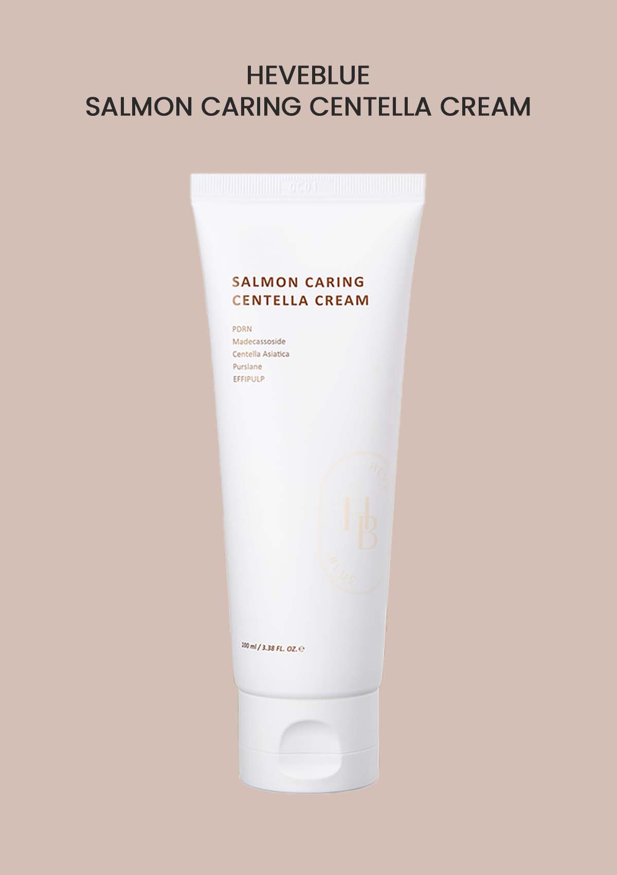 A tube of HEVEBLUE Salmon Caring Centella Cream against a beige background.