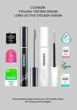 Cosnori eyelash tinting serum with packaging and awards on a gray background