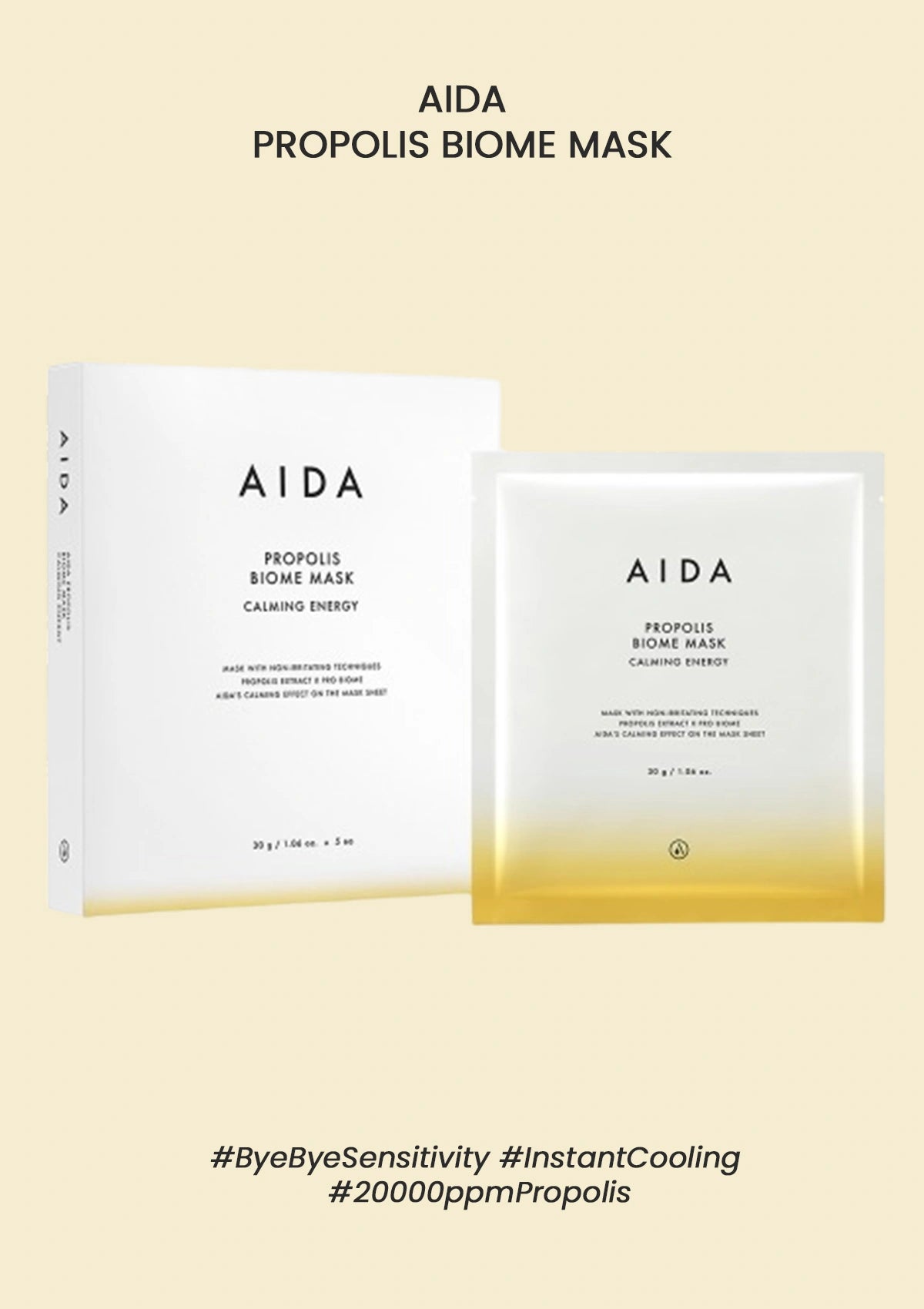 Two AIDA Propolis Biome Mask packages on a beige background