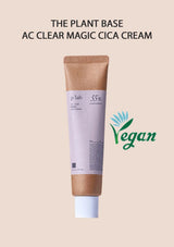 Tube of p'lab AC Clear Magic Cica Cream on a beige background with 'Vegan' label.