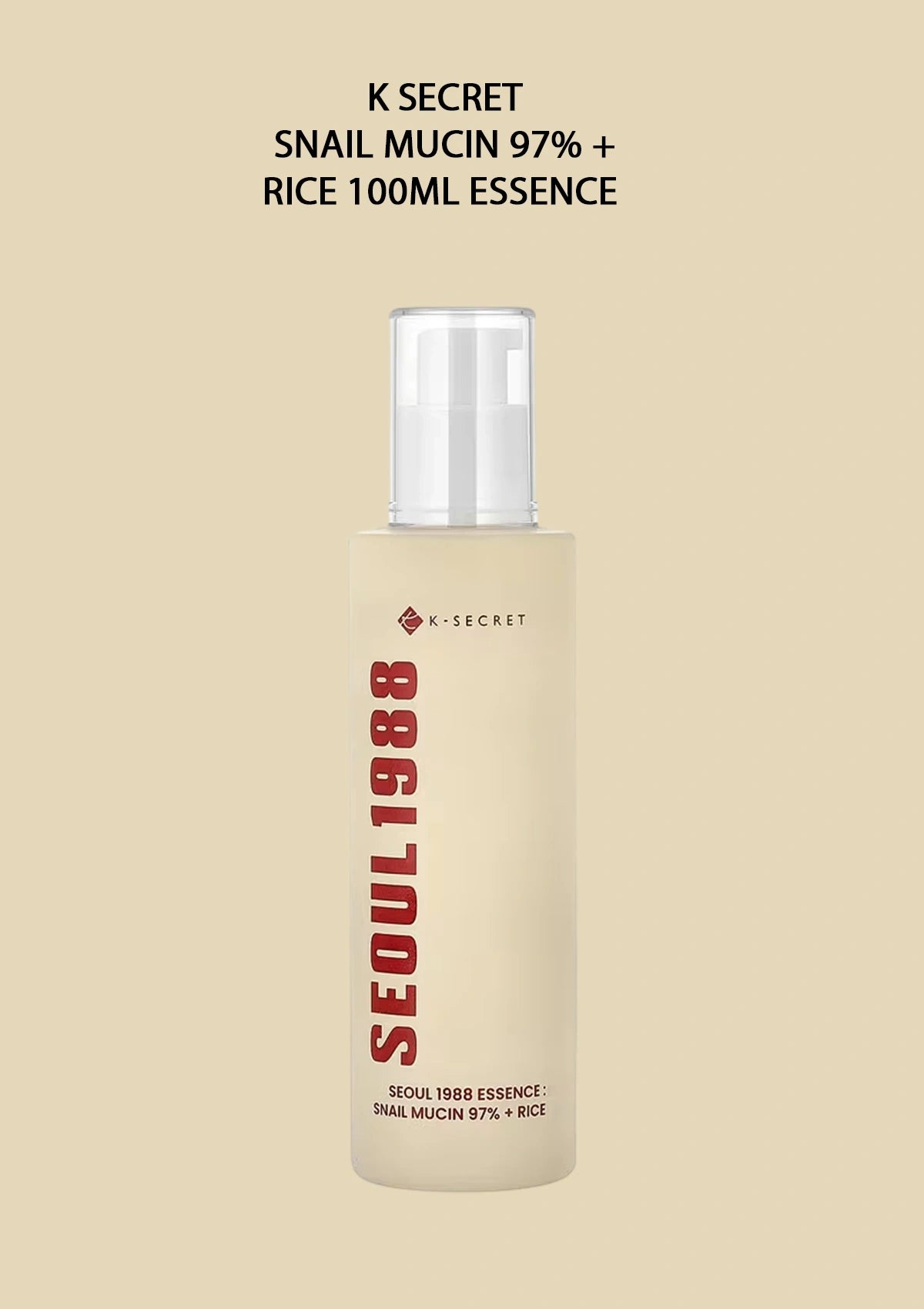 K-Secret Seoul 1988 Snail Mucin 97% + Rice 100ml essence bottle on a beige background
