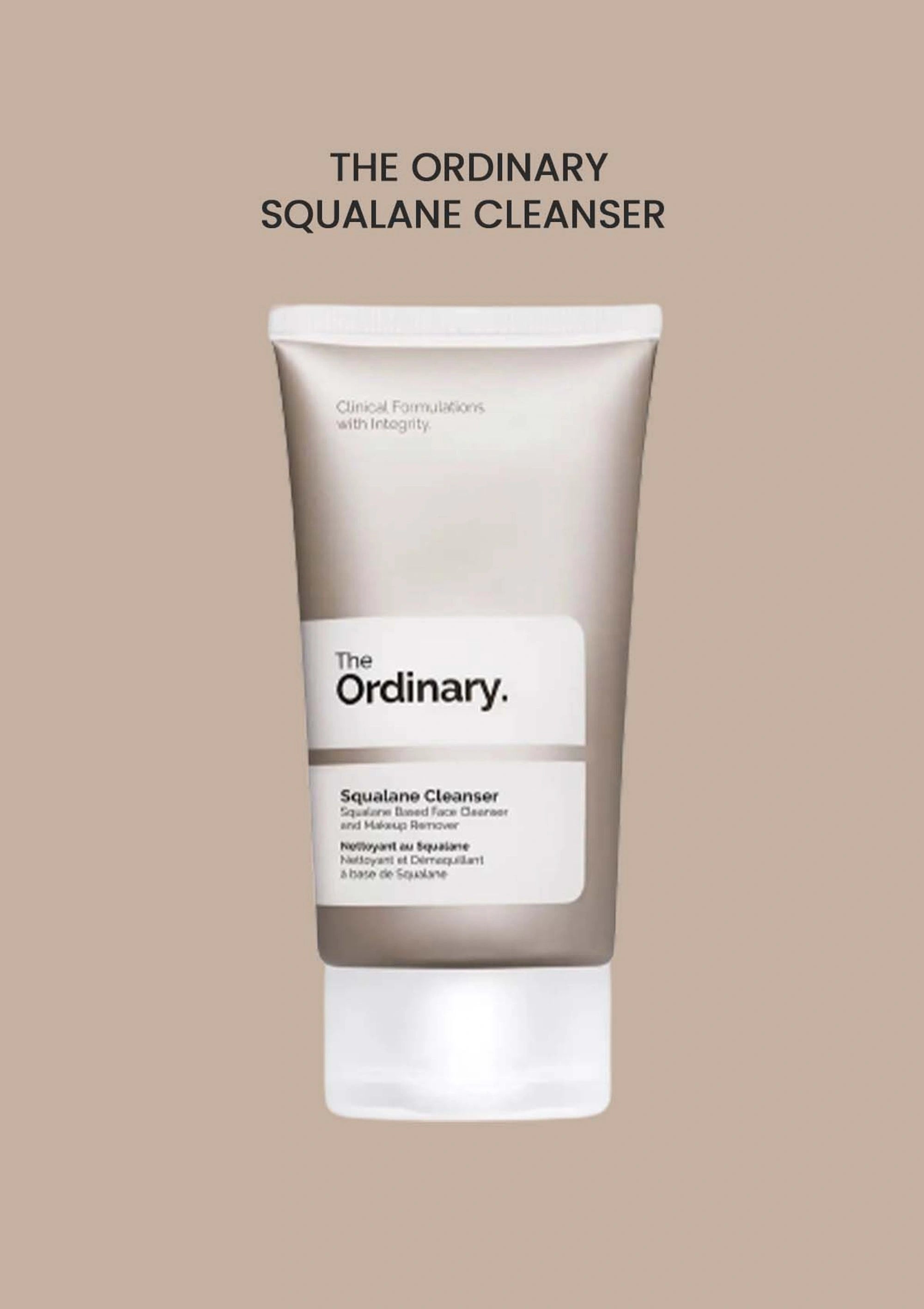 Tube of The Ordinary Squalane Cleanser on a beige background