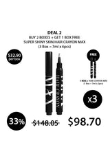 Promotional graphic for Max Factor hair crayon with pricing and deal information.