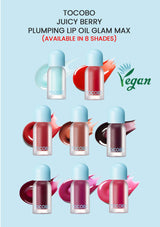Tocombo Juicy Berry Plumping Lip Oil Glam Max with colorful lip glosses on a light blue background.